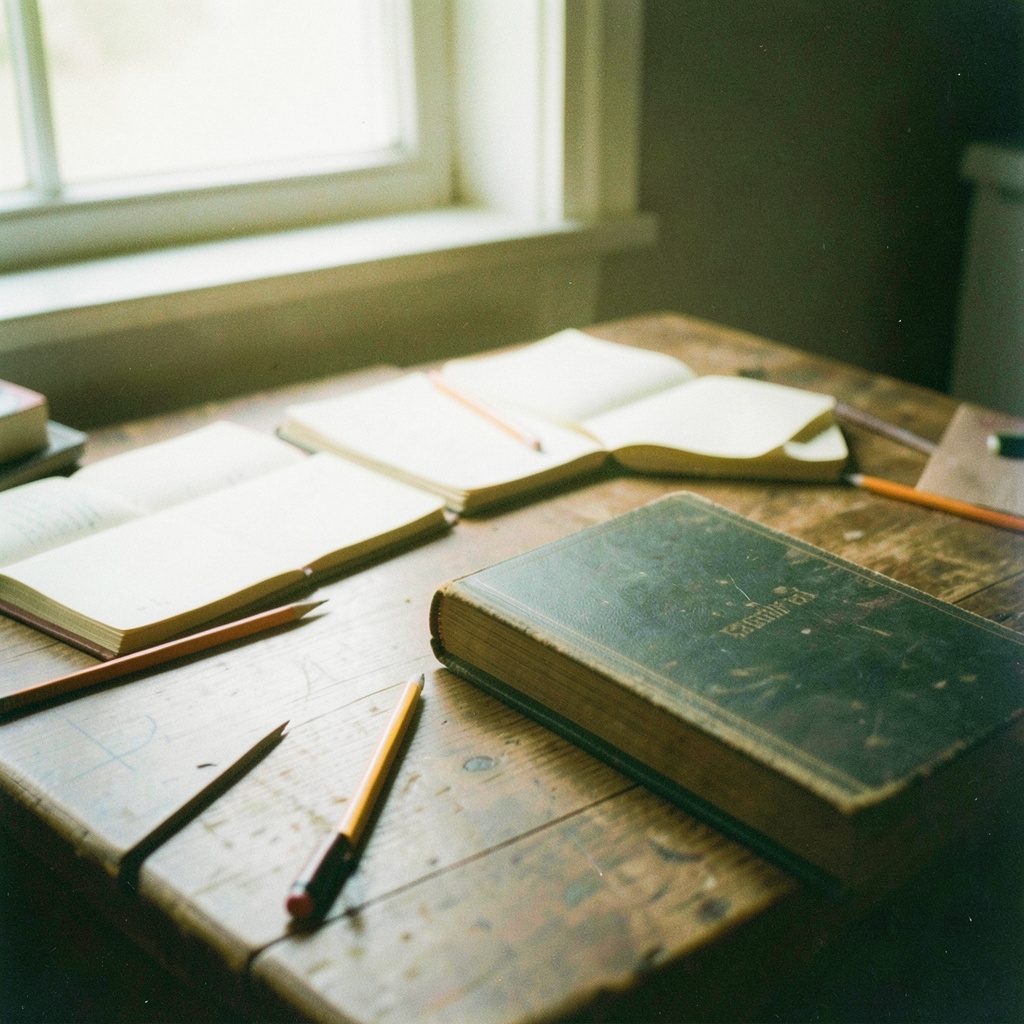 A grainy film photograph of a wooden table scattered with open notebooks, pencils, and a well-worn hardcover book, lit by soft window light