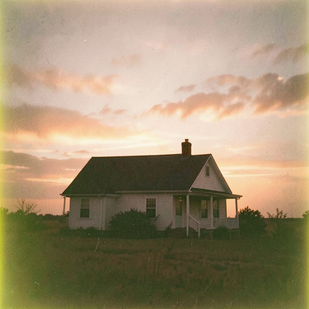 A grainy film photograph of a modest farmhouse silhouetted against a glowing prairie sunset, warm amber and dusty rose tones across the wide sky.