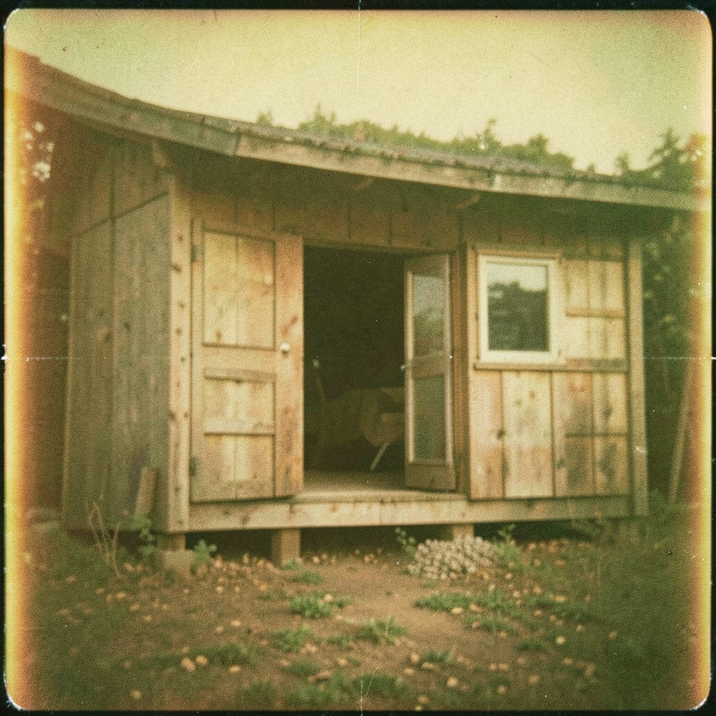 A grainy film photograph of a cozy art cabin interior with creative supplies, soft daylight through windows, rustic wood tones.